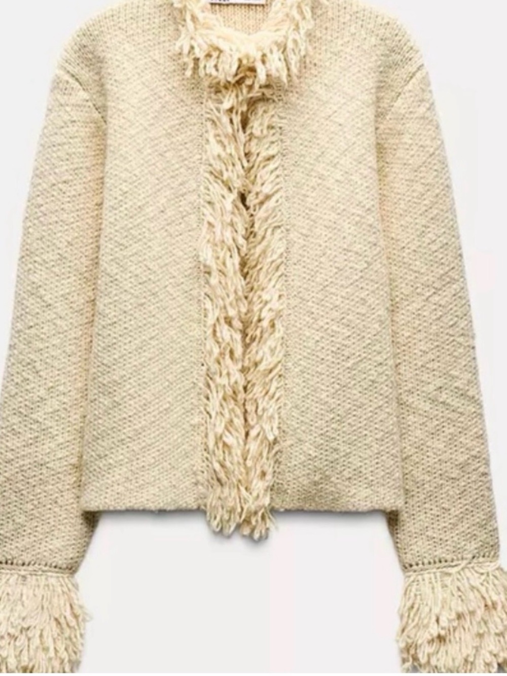 Zara Cream Bouclé Fringe-Trim Cardigan